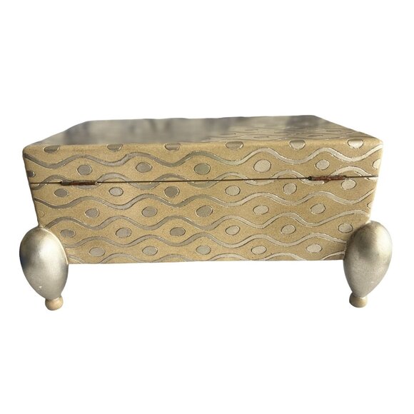 ART DECO Silver & Taupe WAVE Box With Patterned Design & Ball Feet Home Decor - Picture 8 of 9
